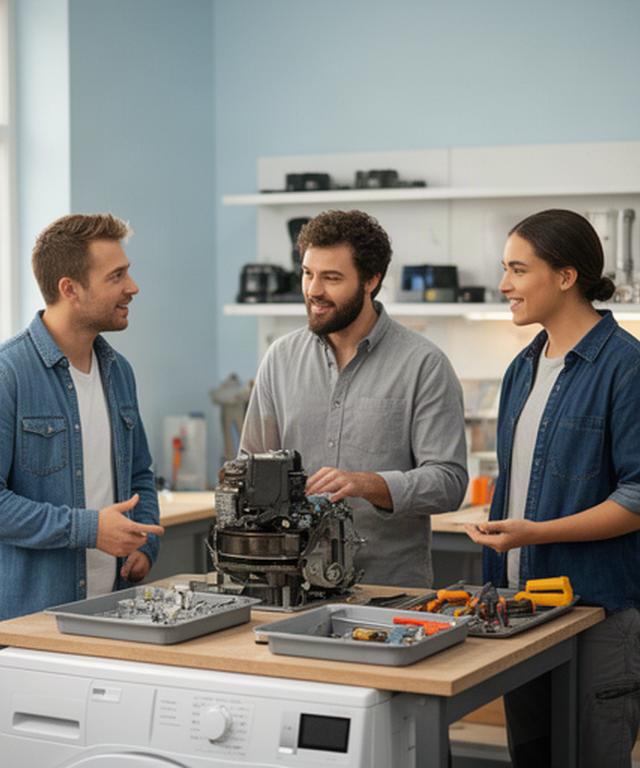 Team van Marjolein's Monteur Werk bespreekt een reparatie in de werkplaats
