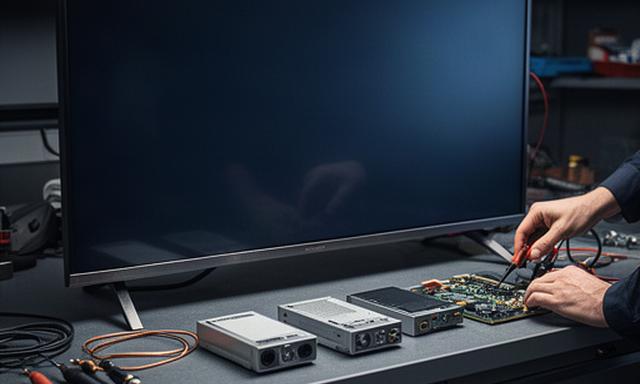 Televisie en audioapparatuur op een reparatiewerkbank